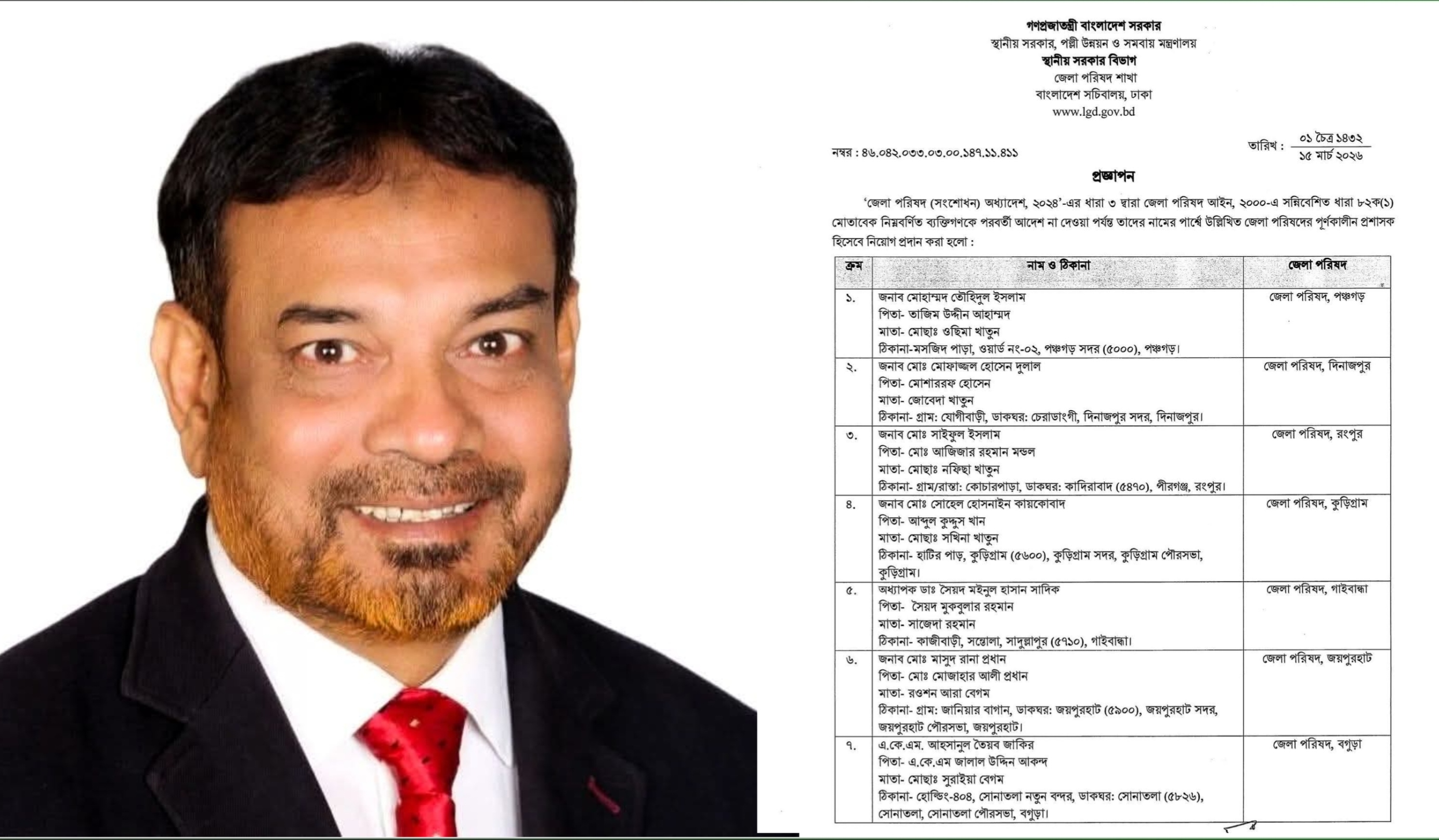 বগুড়ার নতুন জেলা পরিষদ প্রশাসক আহসানুল তৈয়ব জাকির, দেশের ৪২ জেলা পরিষদে নতুন প্রশাসক নিয়োগ